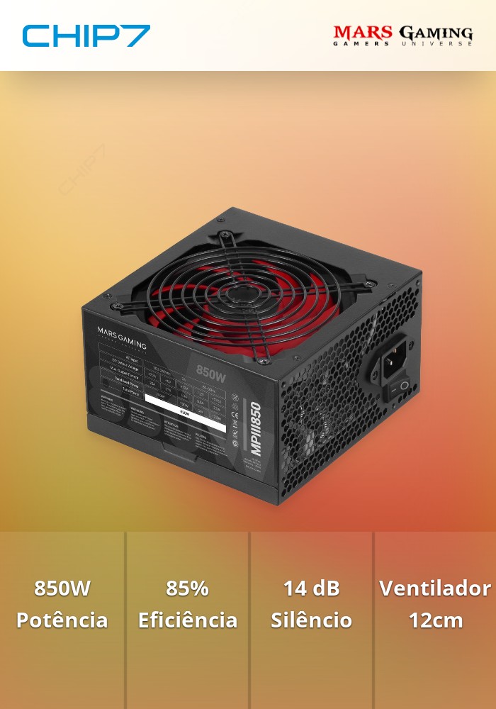 Fonte Alimentação MARS GAMING PSU MPIII 850W 85% EF SMD SILENCIOSA