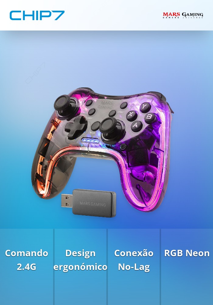 Comando Wireless MARS GAMING MGP-24 2.4G PRO NO-LAG NEON RGB
