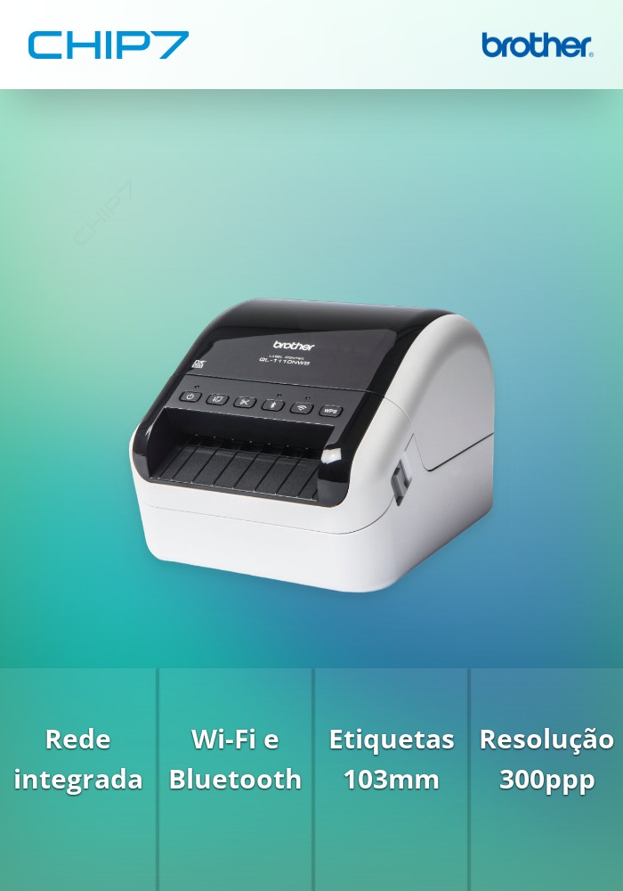 Impressora de Etiquetas Brother QL1110NWBC - Placa de rede integrada / Wi-Fi e Bluetooth / Permite imprimir etiquetas até 103 mm de largura