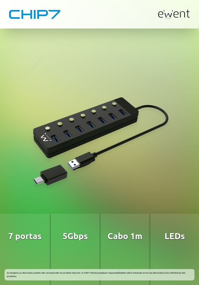 Hub EWENT 7 PORTAS USB-C / INTERRUPTOR CABO 1m