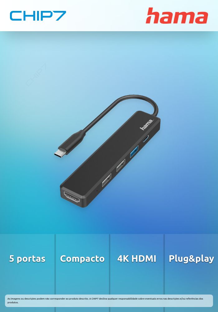 Hub HAMA USB-C Multiportas 5 Portas 3x USB-A 1xUSB-C 1xHDMI - 200117