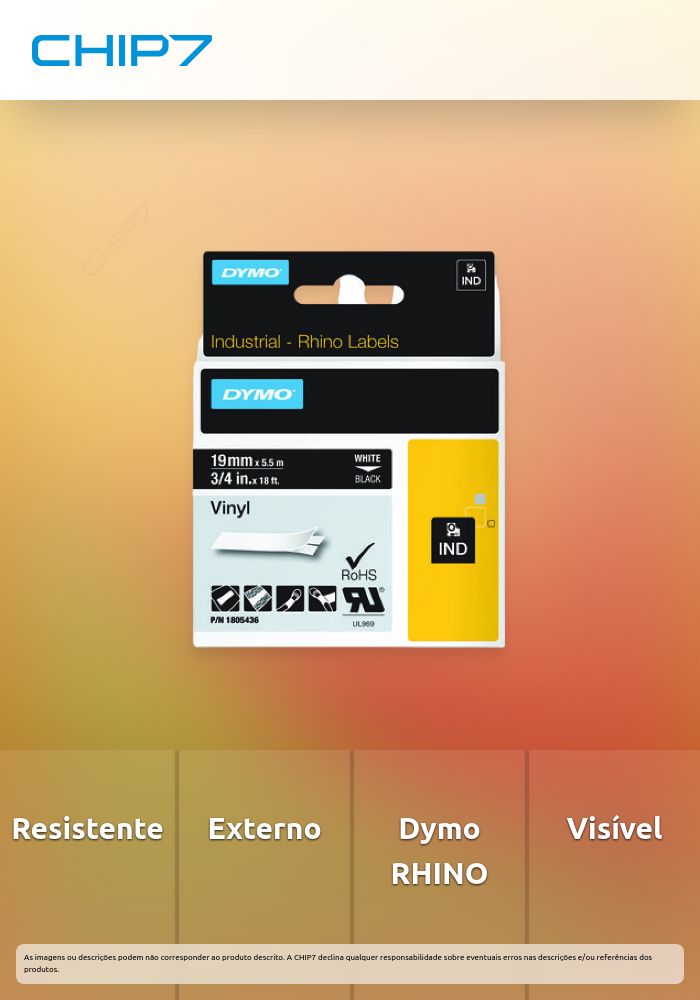 Dymo RHINO 1805436 vinil branco sobre preto 19mm
