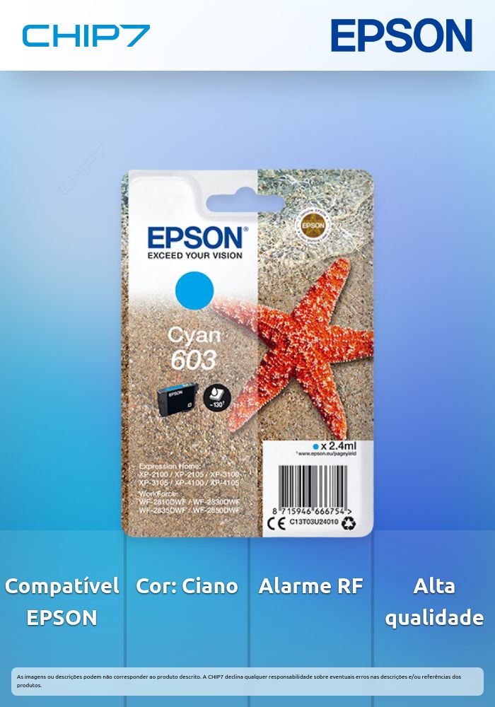 Tinteiro EPSON 603 Ciano + Alarme RF - WorkForce WF-28xx & Expression Home XP-210x/310x/410x