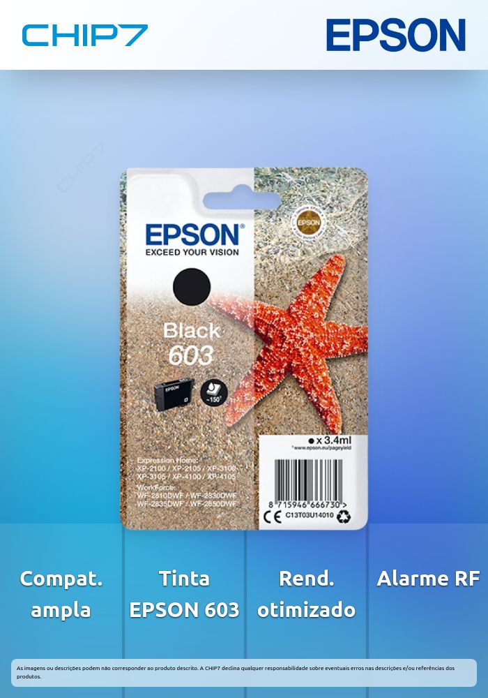 Tinteiro EPSON 603 Preto + Alarme RF - WorkForce WF-28xx & Expression Home XP-210x/310x/410x