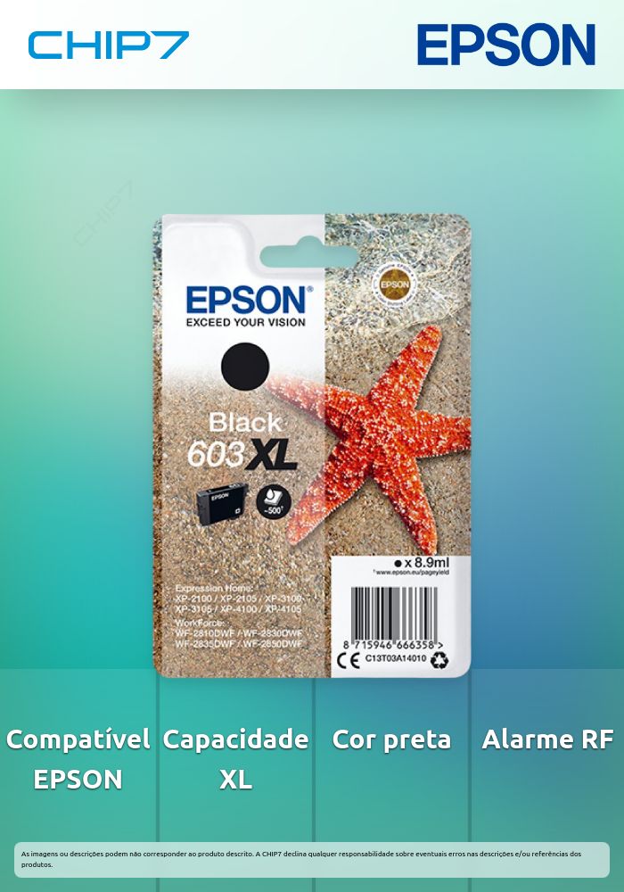 Tinteiro EPSON 603 Preto XL + Alarme RF - WF-28xx, XP-2100/2105/3100/3105/4100/4105