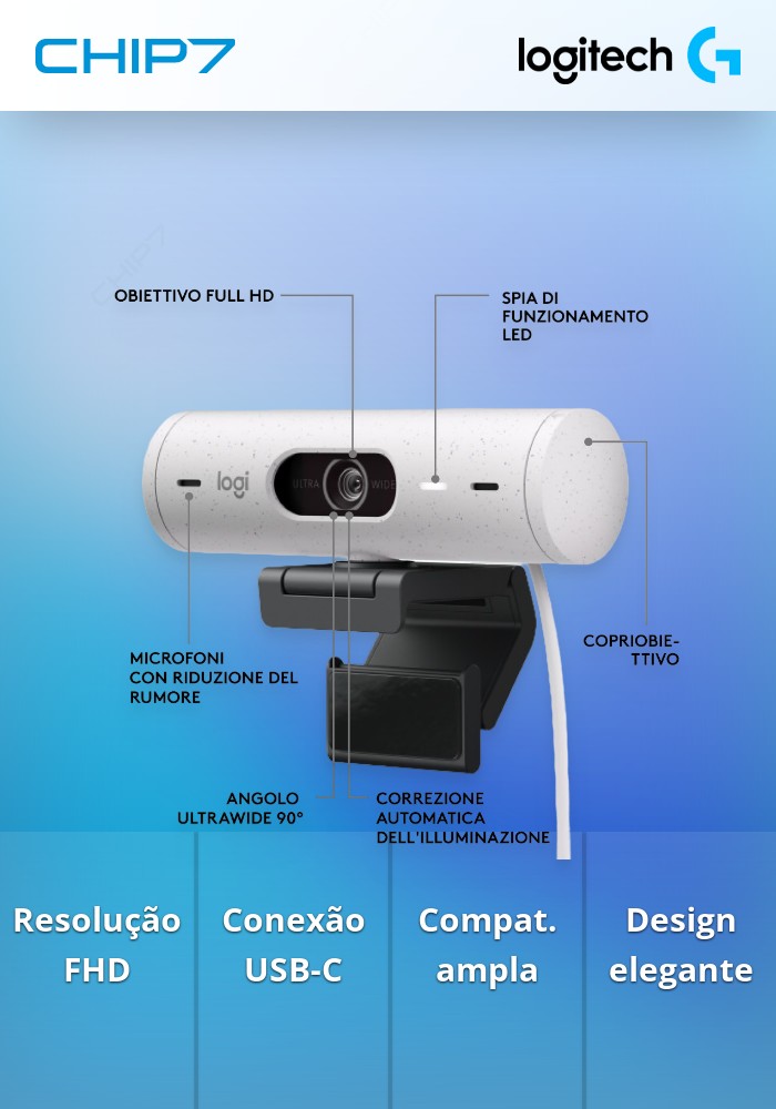 Webcam Logitech Brio 500 FHD 1080p USB-C Branco