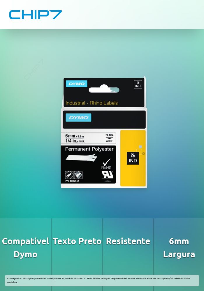 Dymo RHINO 1805442 poliéster permanente preto sobre branco 6mm