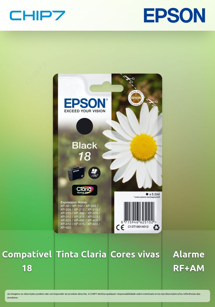 EPSON TINTEIRO PRETO 18  XP102/XP205/XP305/XP405 C/ALARME