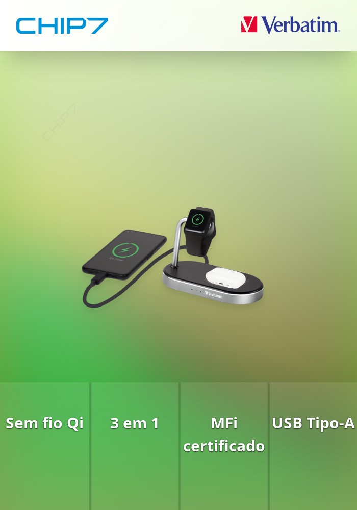 Carregador Wireless Verbatim QI MFI APPLE 3 EM 1 Alumínio