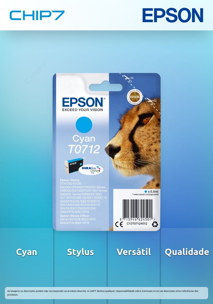 Tinteiro Cyan p/  Stylus S20/ 21/ D78/ D92/ 120/ SX105/ 115/ 205/ 215/ 218/ 405/ 415/ 515W/ 600FW/ 610FW/ DX40X0/ 44X0/ 50X0/ 60X0/ 7000F/ 74X0/ 84X0/ 9400F/ Office B40W/ BX300F/ 310FN/ 600FW/ 610FW