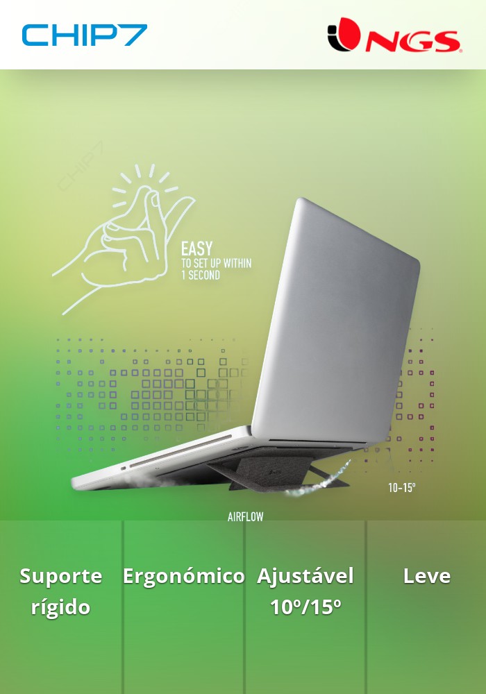 Suporte para portátil NGS - Rígido, Ergonómico Ajustável de 10º a 15º Leve