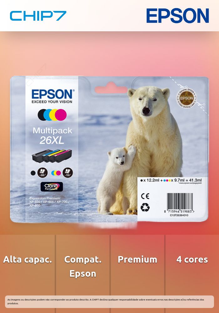 Multipack 4 cores 26XL Alta Capacidade Claria Premium