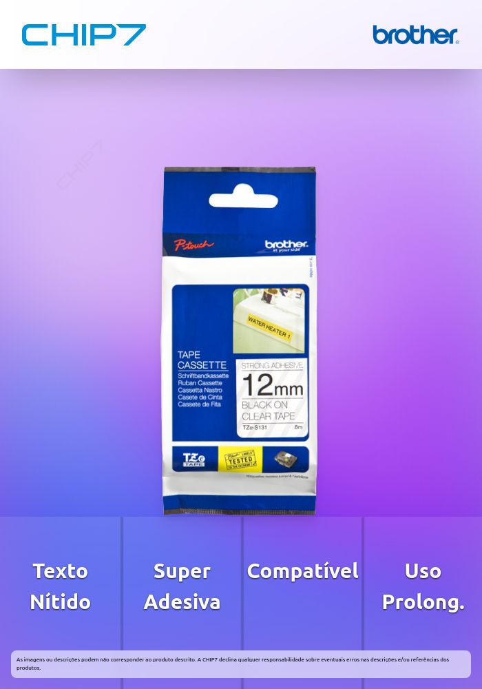 Fita BROTHER Laminada Super Adesiva com texto preto e fundo transparente 12mm x 8m