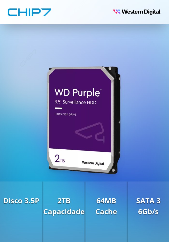 2TB HDD Disco 3.5 WD Purple 64Mb SATA 6Gb/s 54rp Vigilância