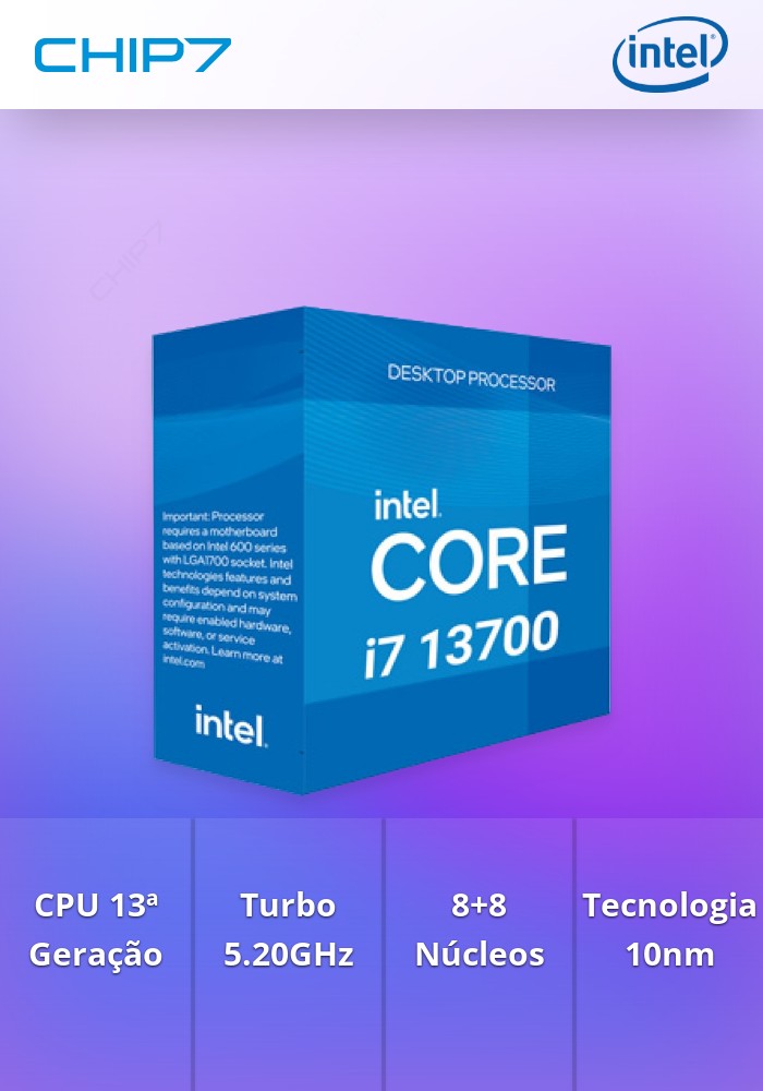 Processador CPU Intel I7 13700 LGA1700 13ª Geração 1.50GHz A 5.20GHz (8P+8E) 16 Cores 24 Threads 30MB CACHE 65/219W BOX OEM