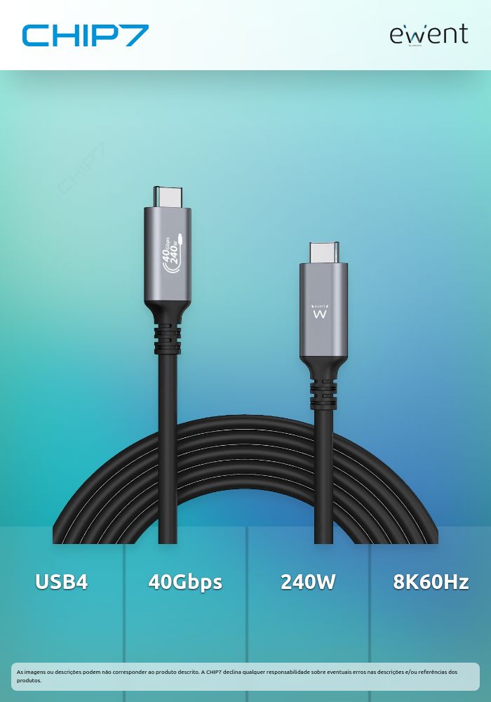 Cabo EWENT USB4 THUNDERBOLT 3/4 40GBPS ERP 240W MACHO MACHO 1M