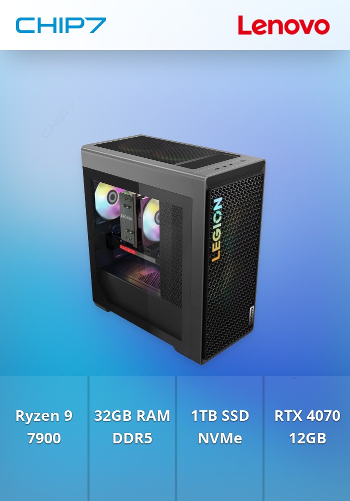Computador Desktop Lenovo - AMD Ryzen 9 7900 / RTX 4070 12GB / 32GB RAM / 1TB SSD / Windows 11 Home - Legion T5 26ARA8-663