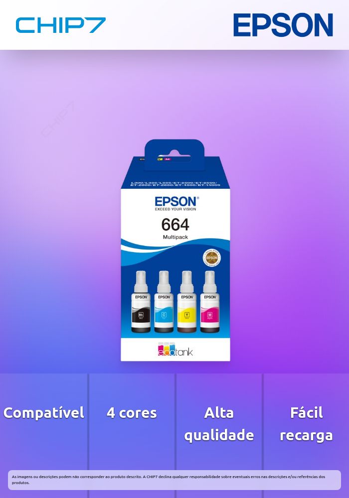 Recarga de Tinta EPSON Serie 664 Multipack 4 cores - EcoTank 3600/ 4550/ 16500