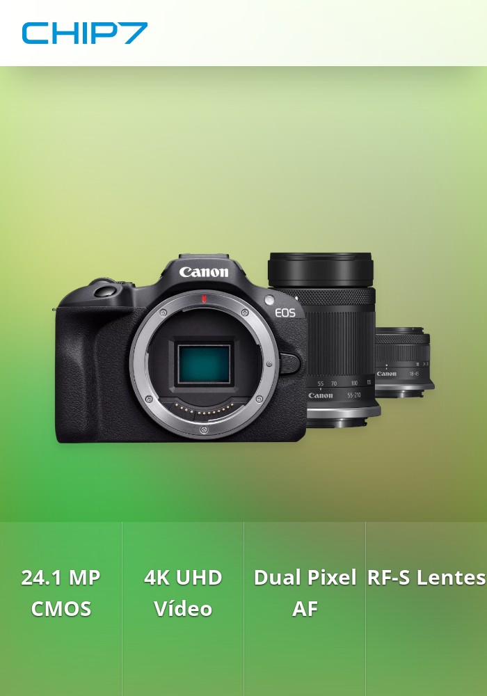 Câmara mirrorless Canon EOS R100 + objetiva RF-S 18-45mm IS STM + objetiva RF-S 55-210mm IS STM