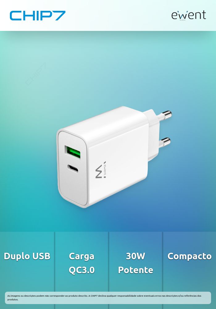 Carregador Ewent CA PD USB-C e USB-A QC3.0 2 portas (30W) Branco