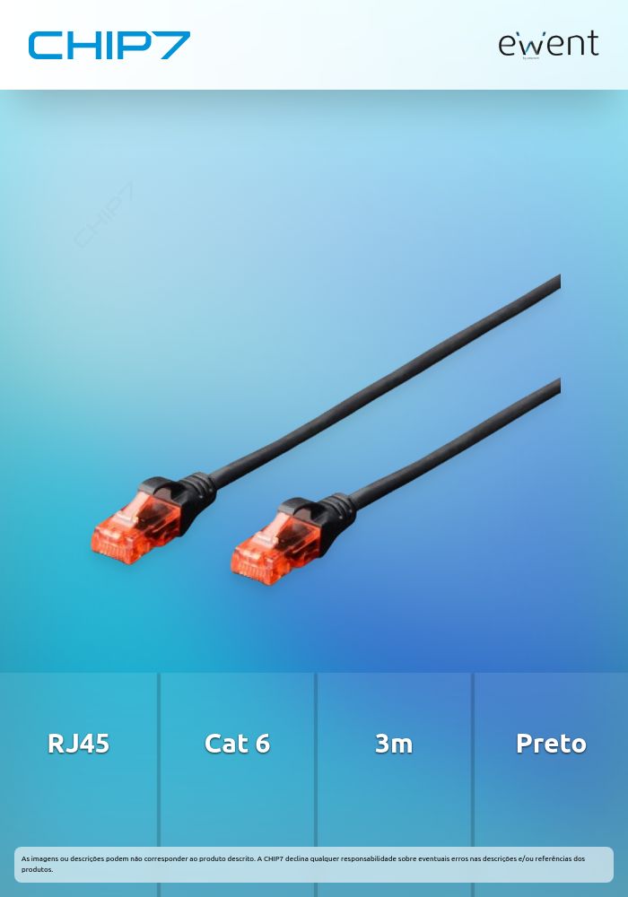 Cabo de Rede Ewent RJ45 U/UTP Cat.6 3 M Preto