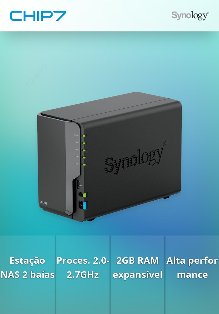 NAS Synology Disk Station DS224+ - 2 Baías -2.0GHz-2.7GHz 4-core - 2GB RAM