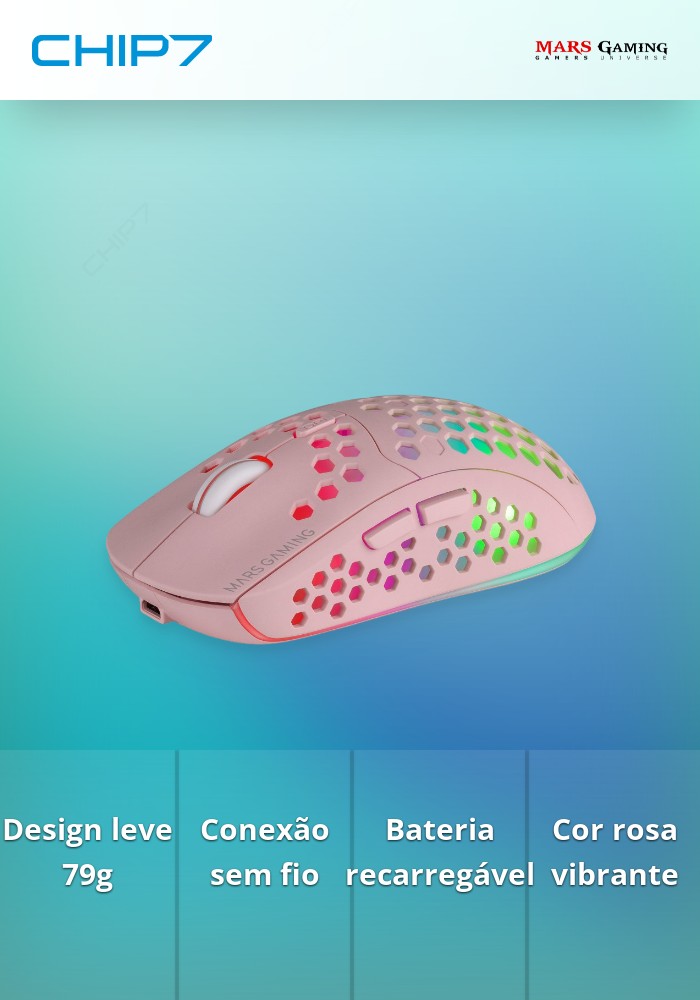Rato Wireless MARS GAMING MMW3 79G ULTRA-LIGHT Bateria Recarregável Rosa