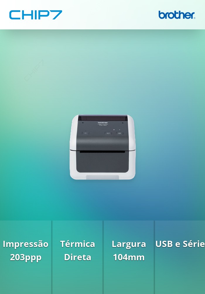 Impressora de Etiquetas e Talões Brother TD-4210D - Tecnologia térmica direta - Largura de impressão até 104 mm - Velocidade 127 mm/seg. - 203ppp - Conexão USB e série