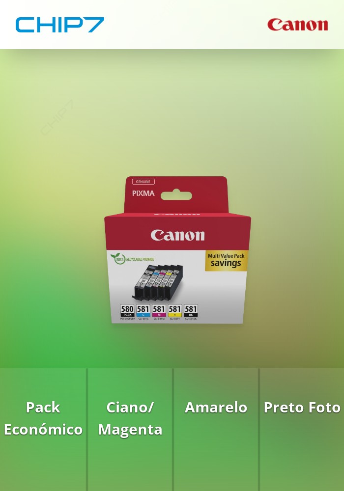 Pack Tinteiros Canon PGI-580/CLI-581 PGBK/C/M/Y/BK MULTI - Ciano Magenta Amarelo Preto