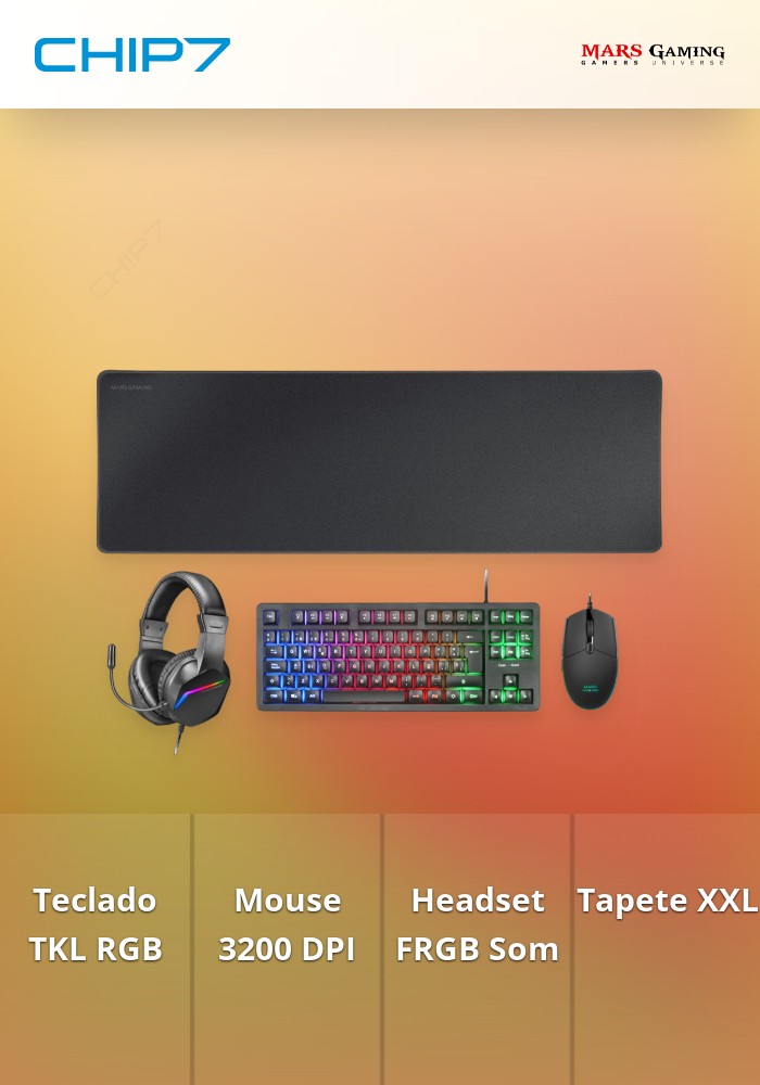 Combo MARS GAMING MCP-RGB3 4 em 1 Teclado TKL RGB Rato 3200D DPI Headset FRGB Tapete de Rato XXL Preto