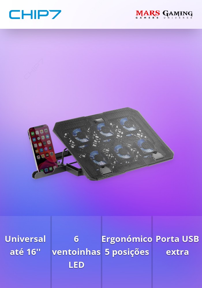 Base Refrigeradora MARS GAMING MNBC23 6x Ventoinhas Suporte Telemóvel até 16