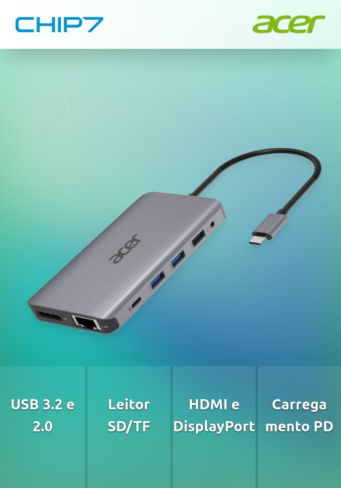 Docking Station ACER 12 em 1 TypeC - 2x USB 3.2 2x USB 2.0 1xSD/TF 2x HDMI 1x PD 1x DP 1x RJ45 1x Audio