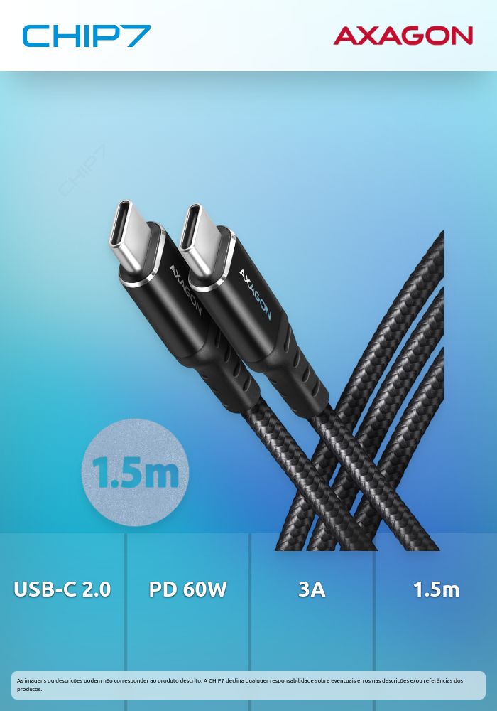 Cabo AXAGON BUCM-CM15AB USB-C  <-> USB-C 2.0 1.5m PD 60W 3A