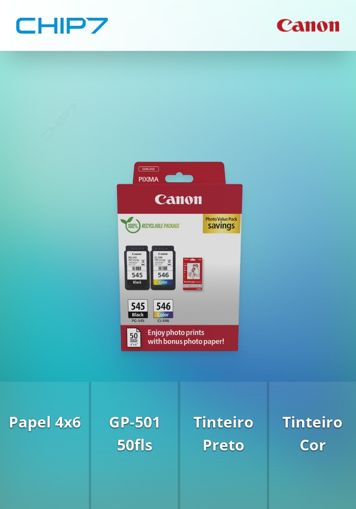 Tinteiro Canon PG-545/CL-546 Papel Fotografia - 4x6 (GP-501 50sheets) + Preto e Cor