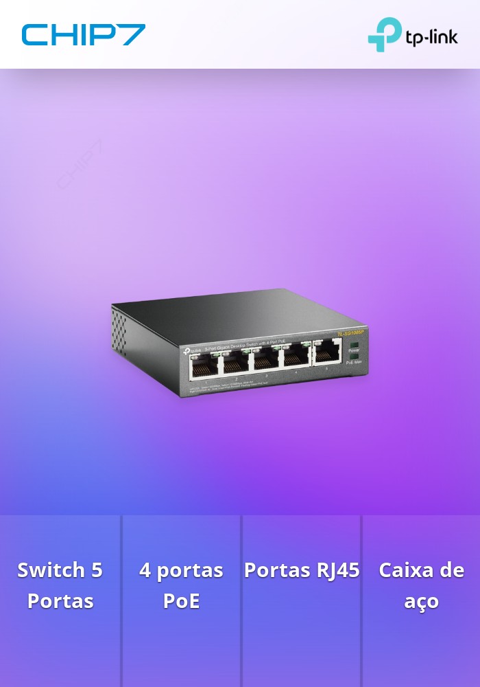 5-Port Gigabit Desktop Switch with 4-Port PoE, 5 Gigabit RJ45 ports including 4 PoE ports, 56W PoE Power supply, steel case