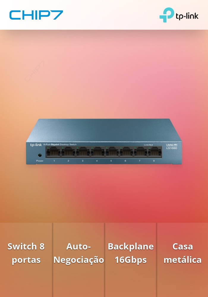 Switch TP-Link LS108G, com 8 portas Gigabit, com caixa metálica e Tecnologia Green.
