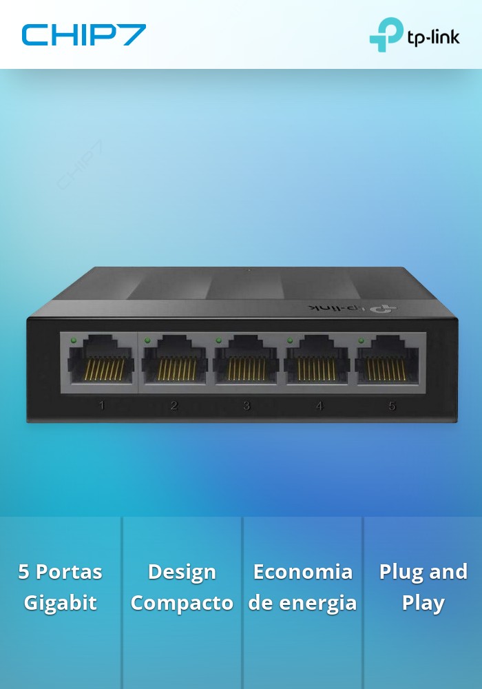 SWITCH TP-LINK LS1005G, COM 5 PORTAS GIGABIT, COM CAIXA PLÁSTICA E TECNOLOGIA GREEN.