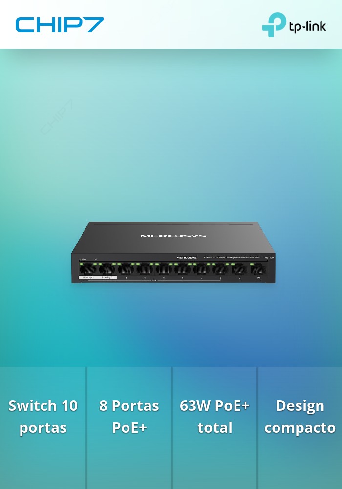 Switch MERCUSYS 10 Portas 10/100Mbps Desktop 8 Portas PoE+