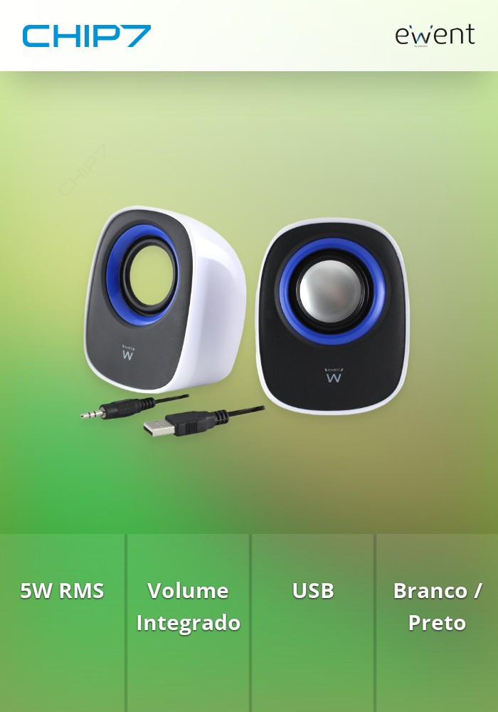 Colunas set 2.0, 5W RMS, control volume, alimentação USB, branca/preta » válido até nova comunicação