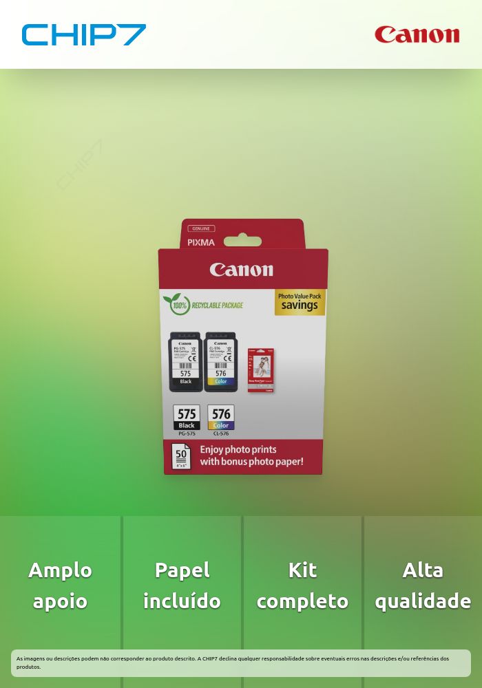 Tinteiro Canon PG-575/CL-576 PVP - 4x6 Photo Paper (GP-501 50sheets) + Preto & Cor