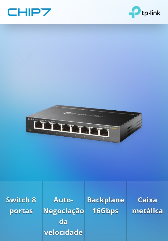 Switch TP-Link TL-SG108S, com 8 portas Gigabit, com caixa metálica e Tecnologia Green.