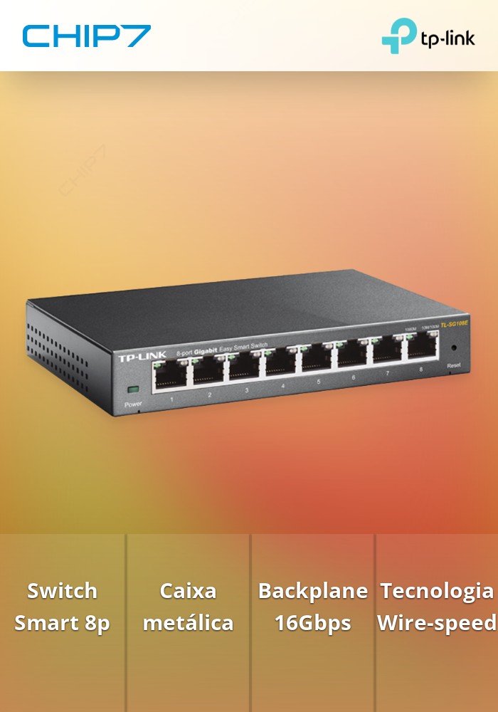 Switch TP-Link TL-SG108E, com 8 portas Gigabit, com caixa metálica. Tecnologia Green. Série Smart Switch.