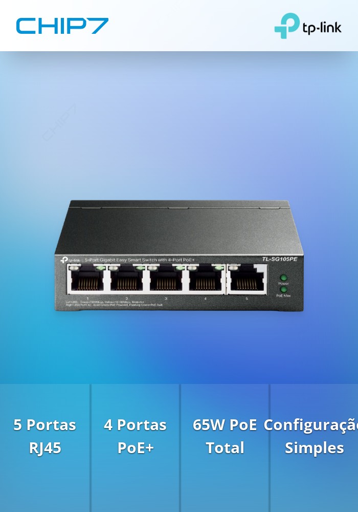 5-Port Gigabit Easy Smart Switch with 4-Port PoE+ - PORT: 4× Gigabit PoE+ Ports, 1× Gigabit Non-PoE Ports