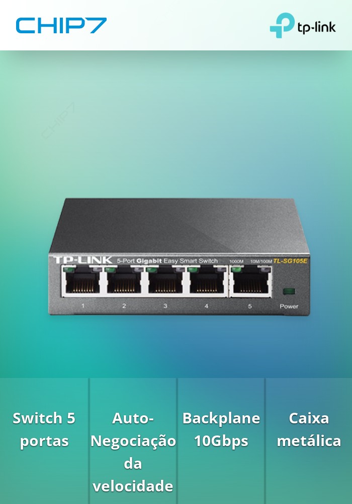 Switch TP-Link TL-SG105E, com 5 portas Gigabit, com caixa metálica. Tecnologia Green. Série Smart Switch.