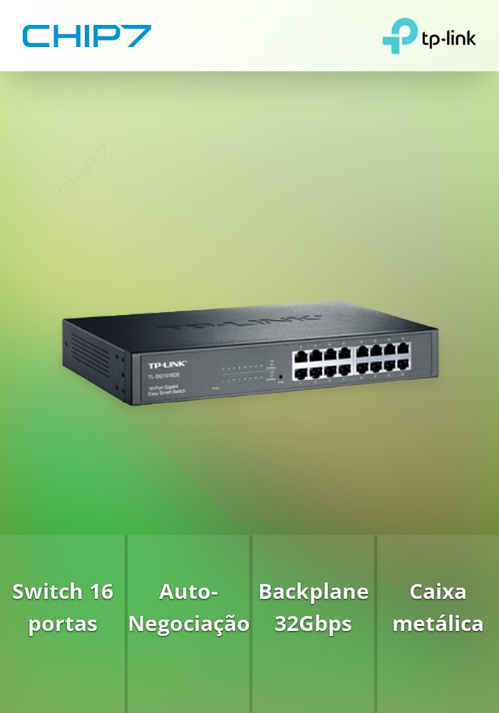Switch TP-Link TL-SG1016DE, com 16 portas Gigabit, para Rack. Possui tecnologia Green para redução de consumos.