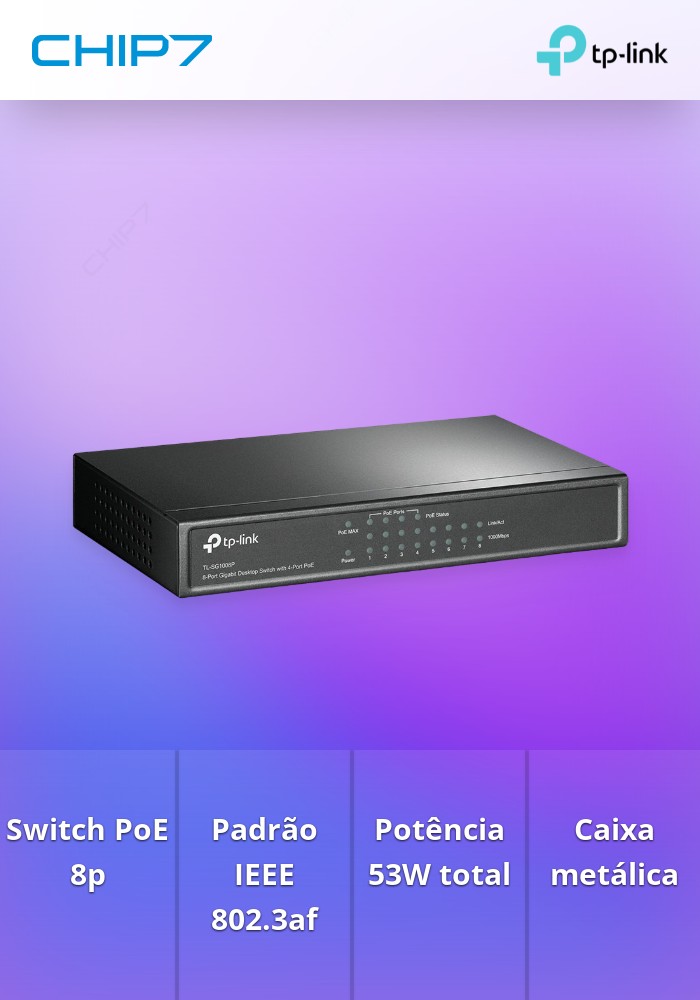 Switch TP-Link TL-SG1008P, com 8 portas Gigabit, das quais 4 são PoE. Caixa metálica.