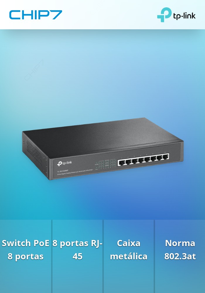 Switch TP-Link TL-SG1008MP, com 8 portas Gigabit PoE+ (802.3at - 30W por porta). Max. Combinado: 126W.