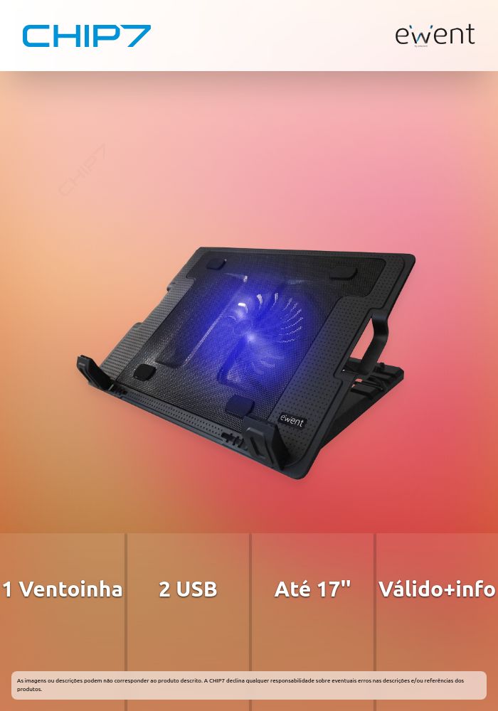 Base de Refrigeração para Portátil com 1 ventoinha grande e 2 portas USB, até 17