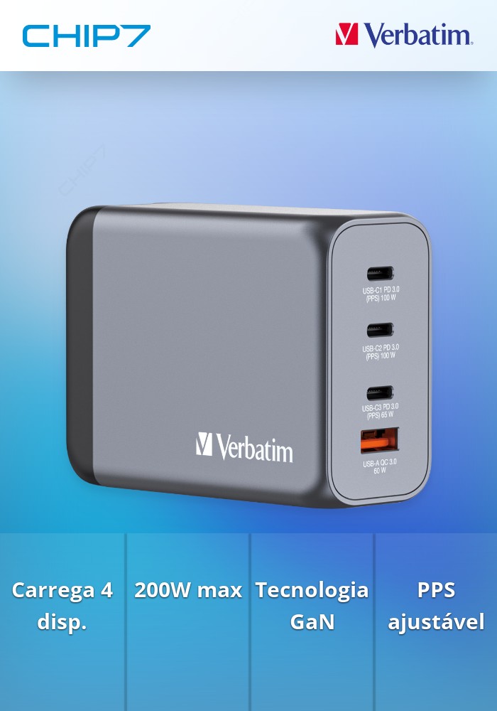 Carregador de parede Verbatim GaN de 4 portas GNC-200 200W