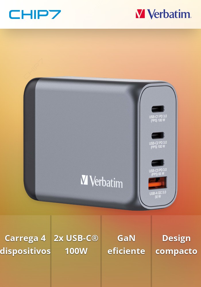 Carregador Verbatim GAN 100W 3x USB-C (100+100+65W) + 1x USB A (30W)